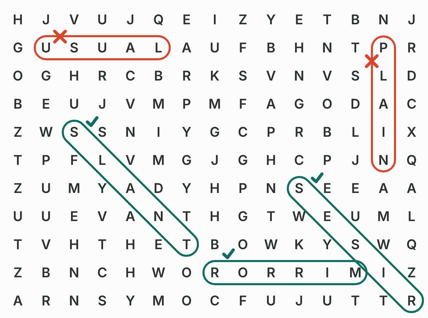 A word-search grid with a left-to-right word marked wrong and reversed and diagonal words marked correct.