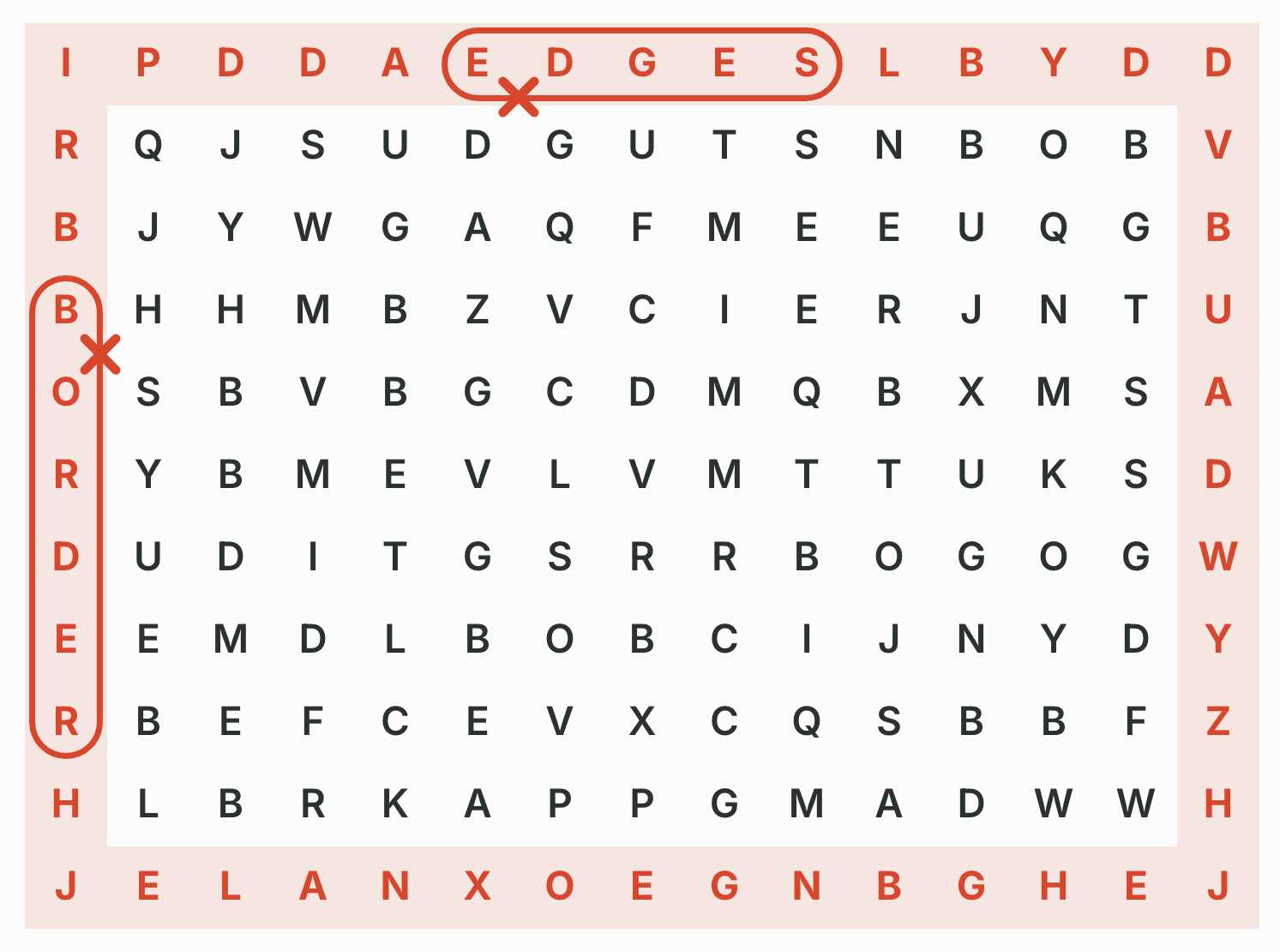 A word-search grid with the hidden words pulled into the interior, away from the perimeter.
