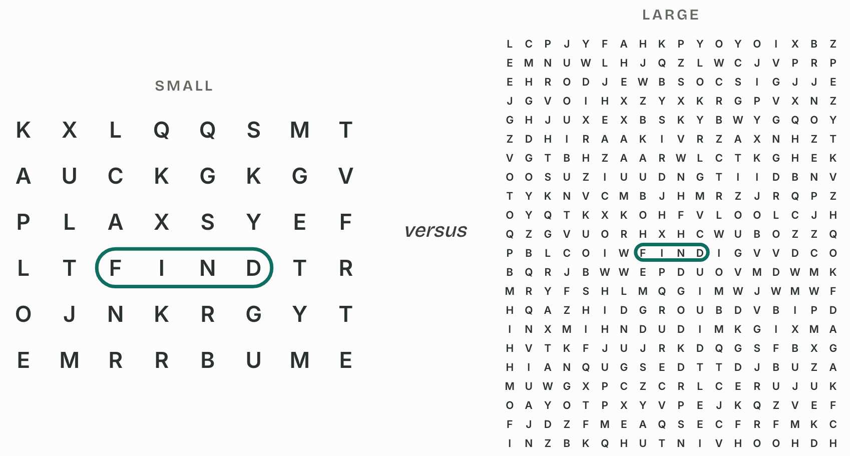 A large, dense word-search grid with no easy edge to anchor the eye.